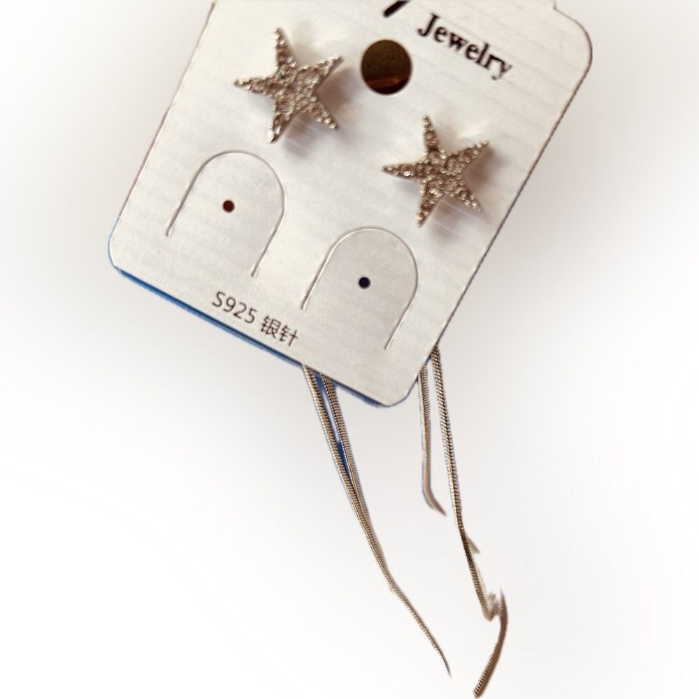 Cute Silvertoned Korean Style Star Design Dangle Drop Fashion Earrings 2.5"